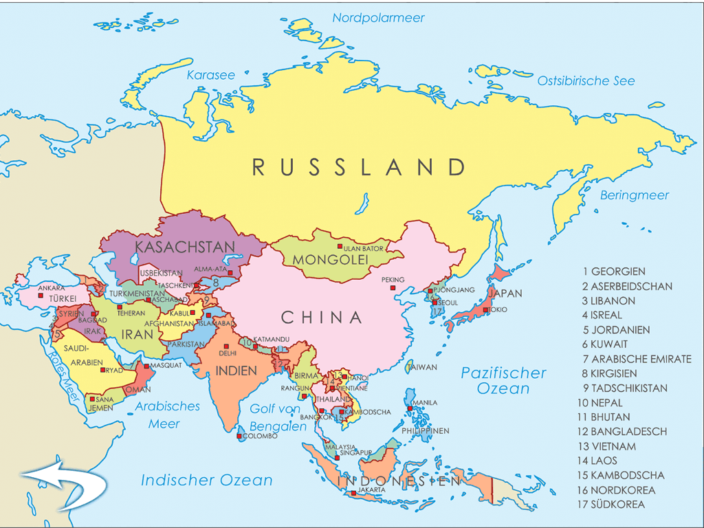 Страны и столицы азии: список, политическая и физическая карта